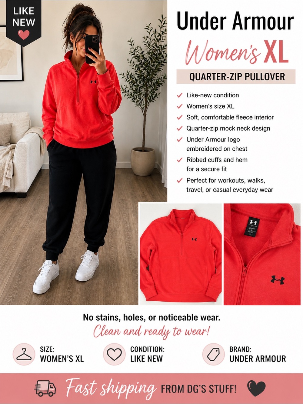 Under Armour Women's Xl Coral Red Quarter-Zip Mock Neck Pullover